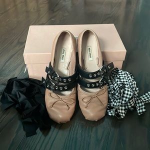 Miu Miu Leather Ballerina Flats with Belts Size 39, Color Cameo Beige/Black